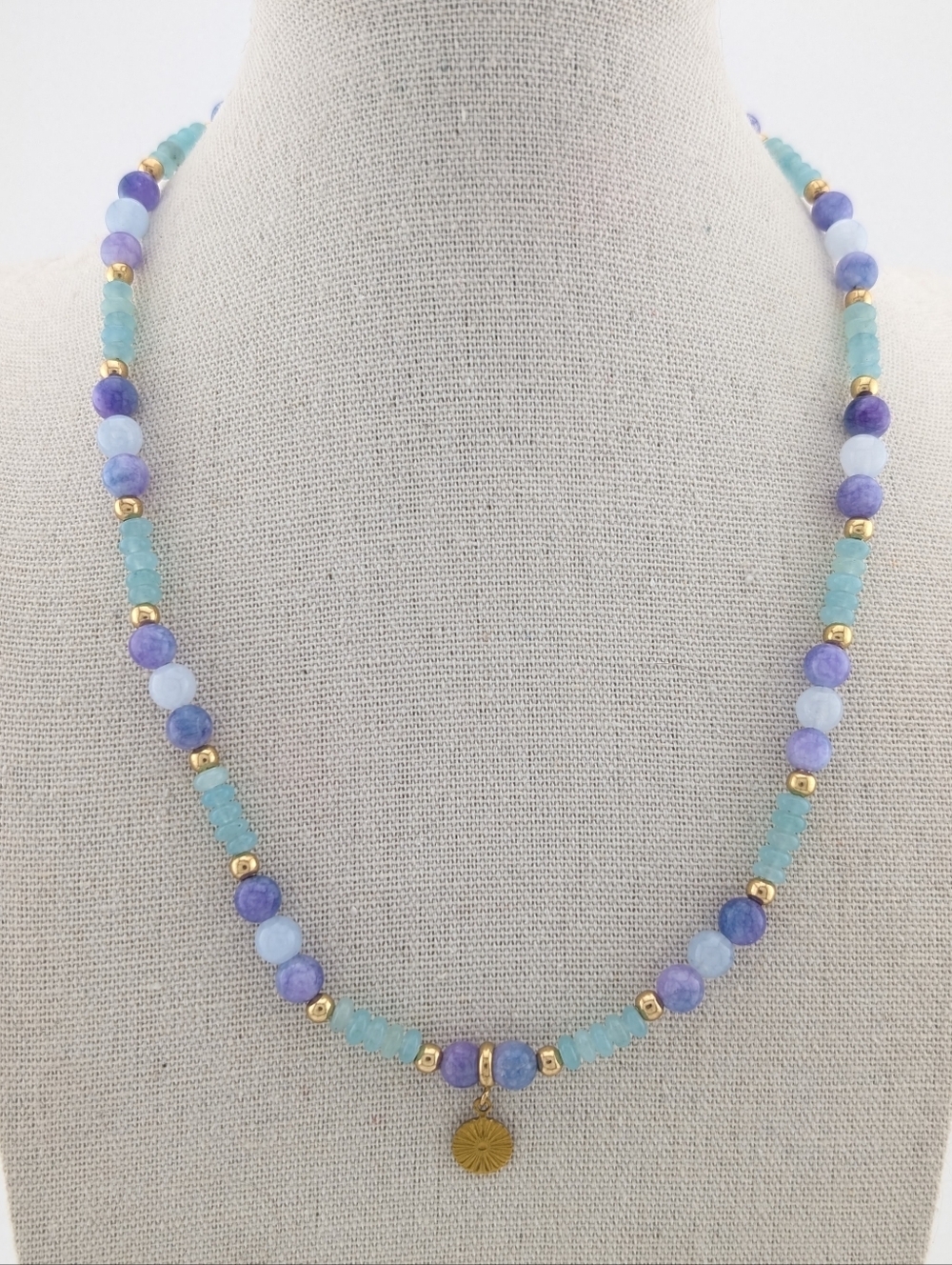 Aquamarine & Lavender Quartz Gold Necklace - Artisan Handmade Jewelry - D010